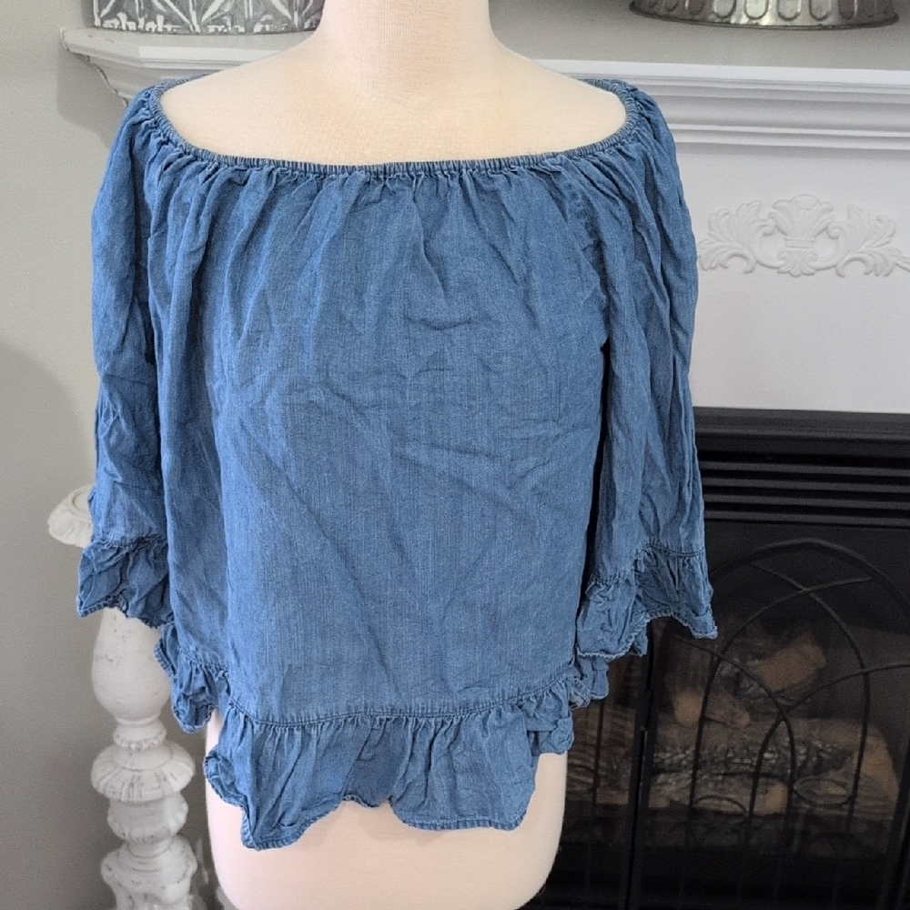 Beachlunchlounge Womens Denim Blue Top Off The Shoulder Size Small